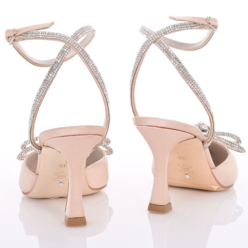 Beige Satin Bridal Heels with Crystal Straps & Bow