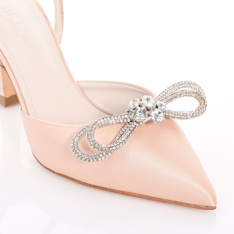 Beige Satin Bridal Heels with Crystal Straps & Bow