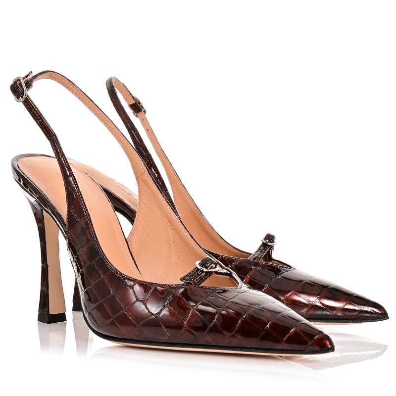 Women Pumps Brown Leather Metallic