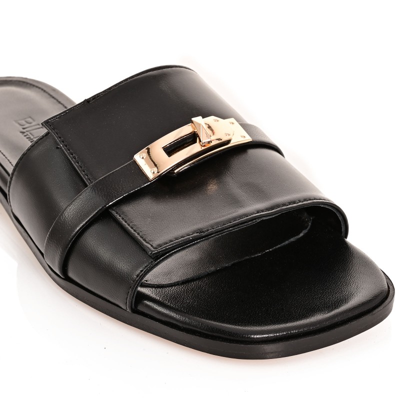 Women Mules Flats Black Leather