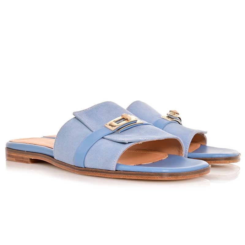 Women Mules Flats Baby Blue Leather