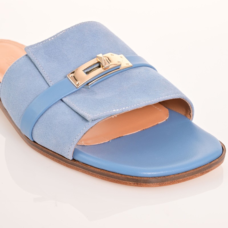 Women Mules Flats Baby Blue Leather