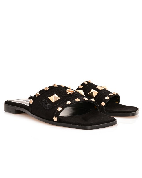 Women Mules Black Leather Suede