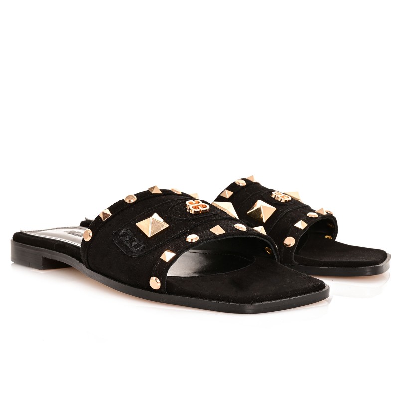 Women Mules Black Leather Suede