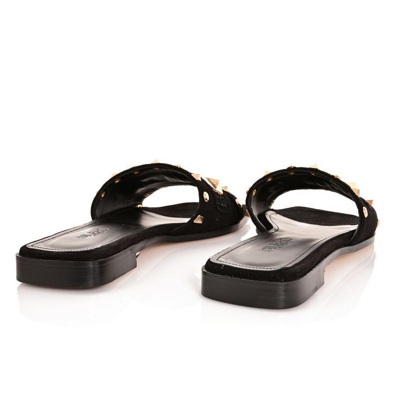 Women Mules Black Leather Suede