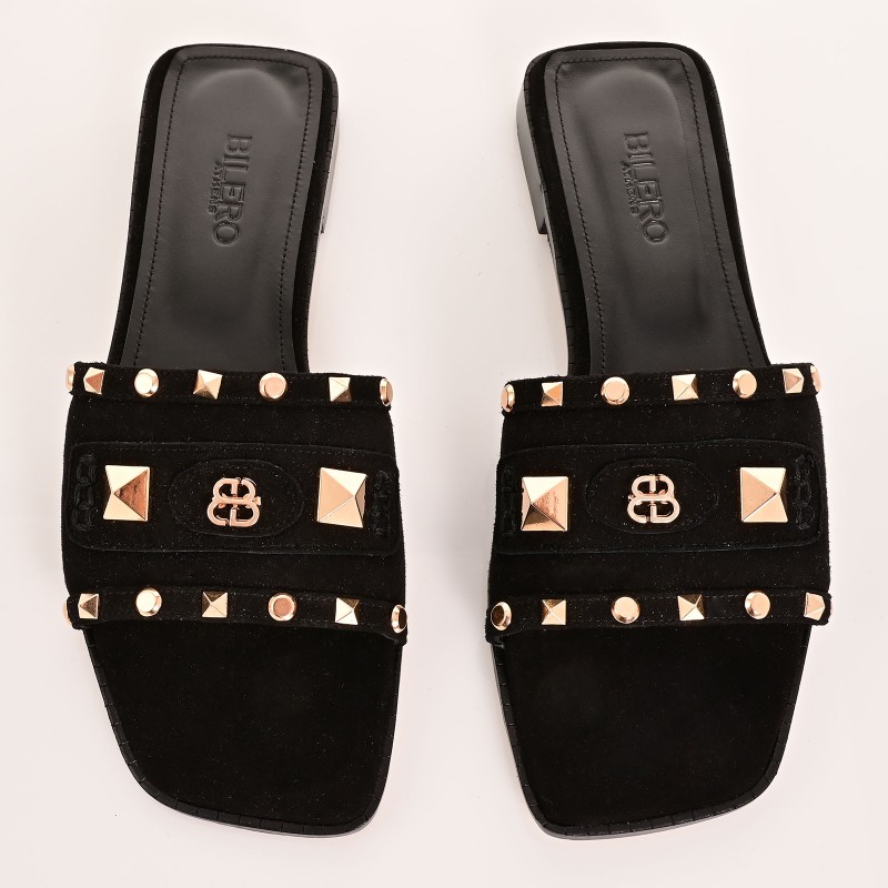 Women Mules Black Leather Suede