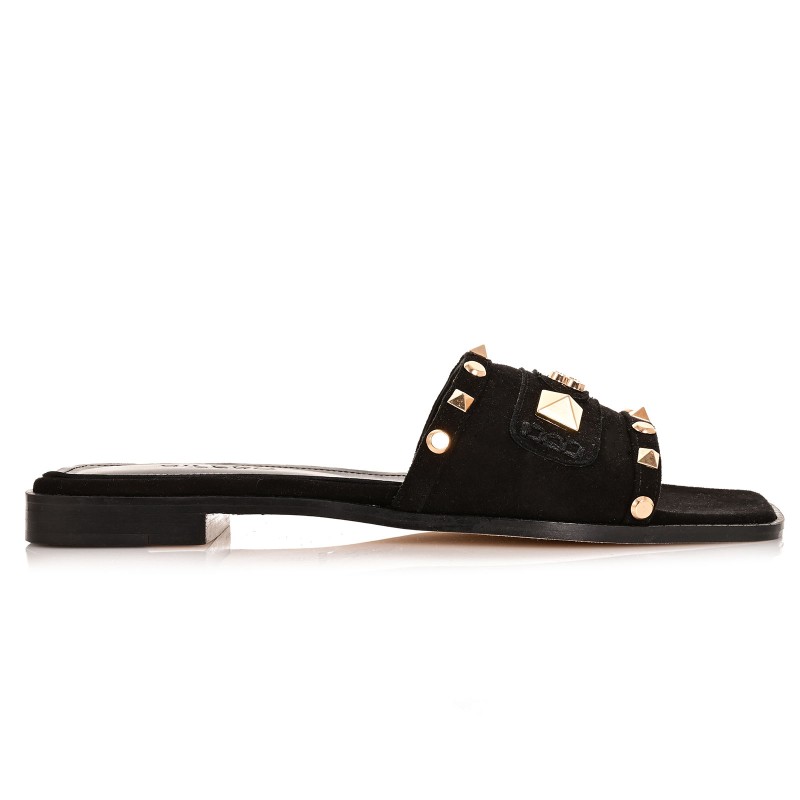 Women Mules Black Leather Suede