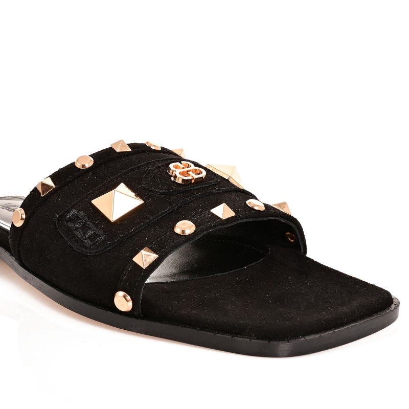 Women Mules Black Leather Suede