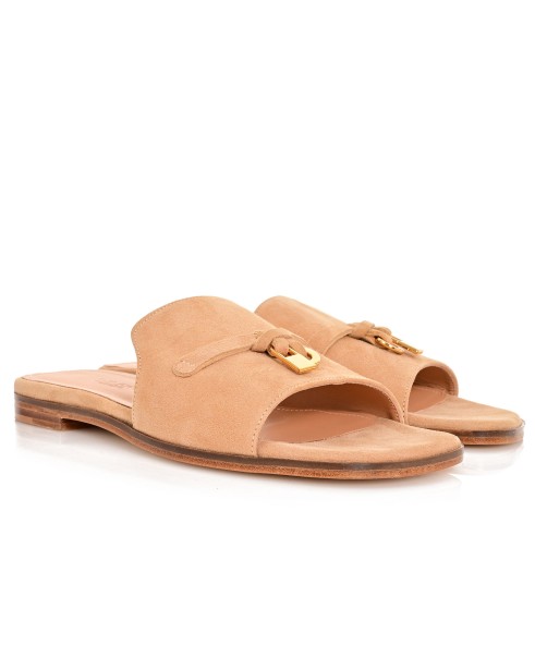 Women Mules Beige Leather Suede