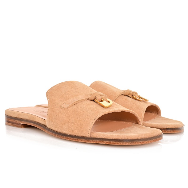 Women Mules Beige Leather Suede