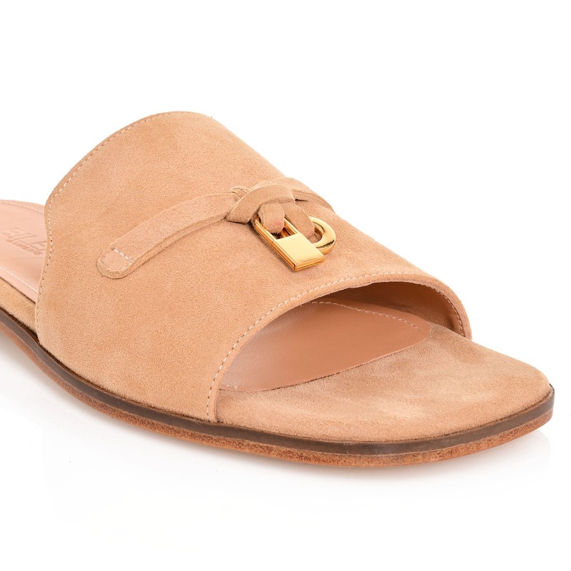 Women Mules Beige Leather Suede