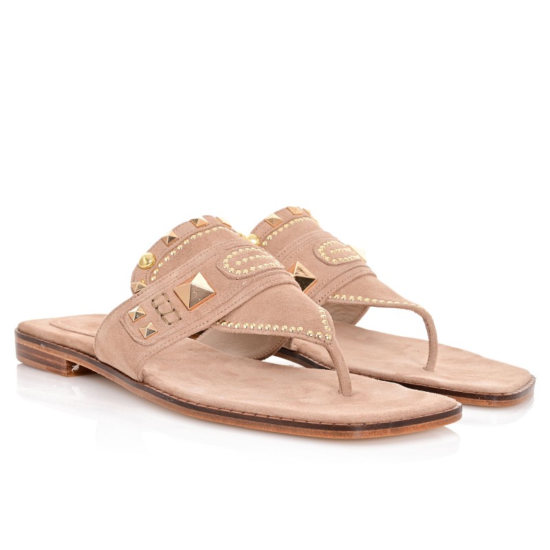 Women Sandals Beige Leather Suede