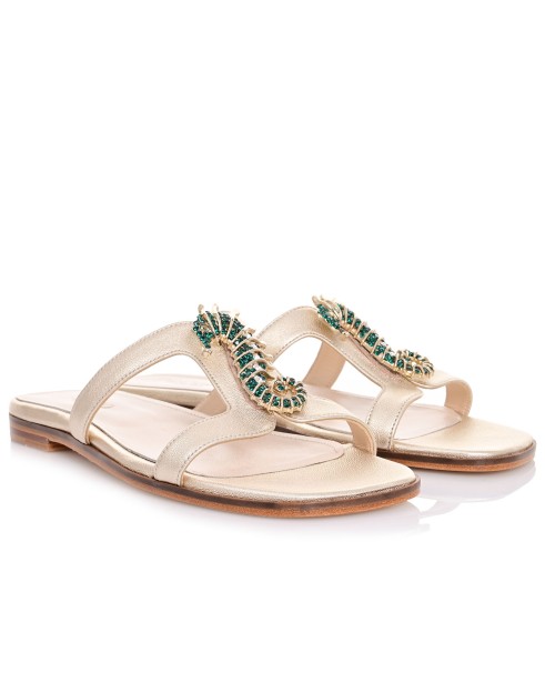 Women Mules Flats Gold Leather