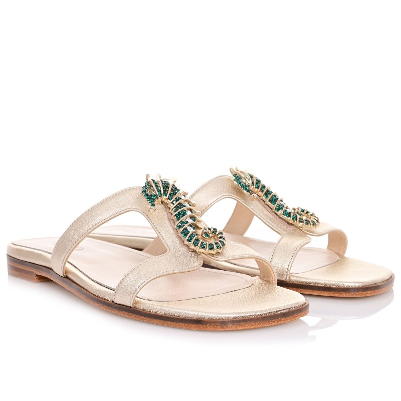 Women Mules Flats Gold Leather