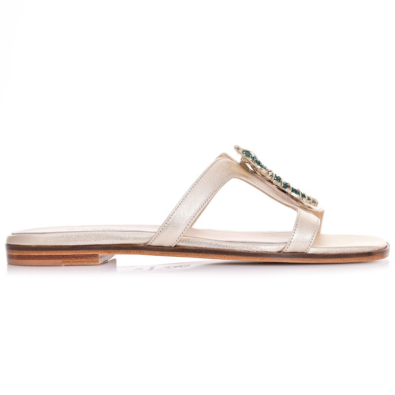 Women Mules Flats Gold Leather