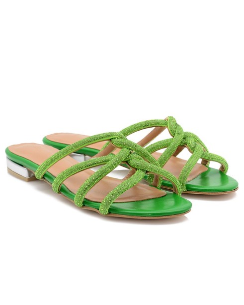 Women's Flat Sandals Green Leather
